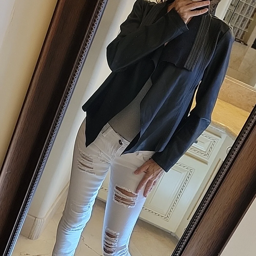 Collection B New York Faux Leather Hi-low Cascading Front Open Jacket, M - Picture 12 of 17